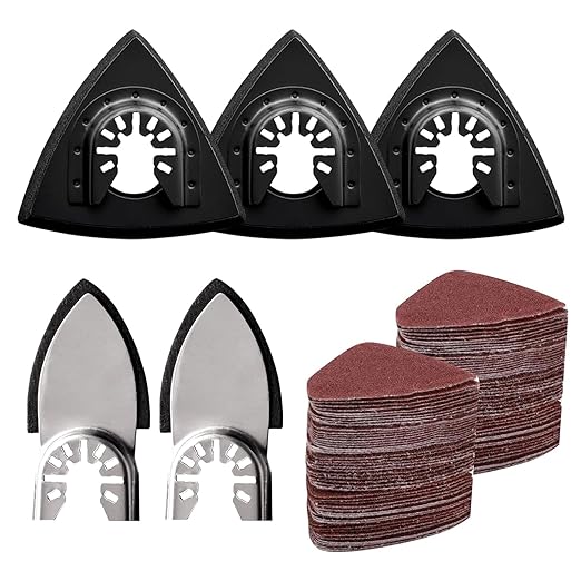 105PCS Oscillating Tool Detail Sanding Pads Kit, 3Pcs Triangle and 2Pcs Finger Sanding Pad, 100Pcs Multitool Sandpaper, Grit Fit for Finishing Wood Sanding Plaster