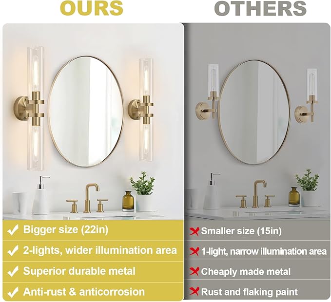 Wall Sconces Set of Two, Hardwired Brass Bathroom Sconces Wall Lighting with Clear Glass, Modern Sconces Wall Decor Set of 2 Vanity Light fixtures for Bathroom Mirror Bedroom (Bulbs Not Included)