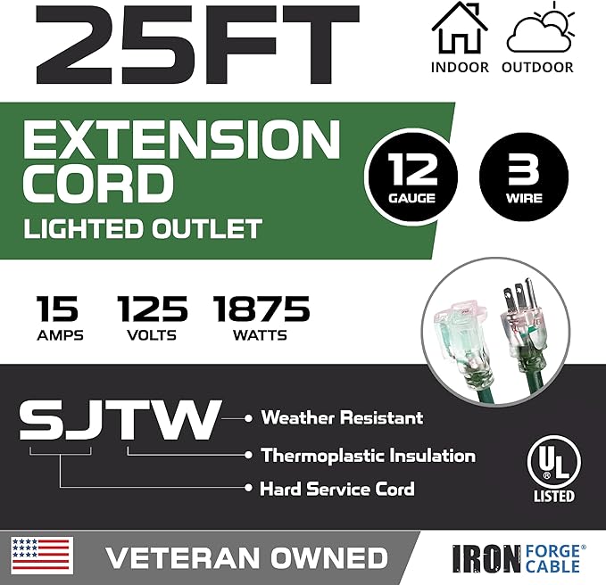 IRON FORGE CABLE 12 Gauge Extension Cord 25 Ft Lighted End - 12 AWG Heavy Duty Extension Cord with 3 Prong, Industrial Grade Green Outdoor Cable 12/3 SJTW for Major Appliances & HVAC, US Veteran Owned