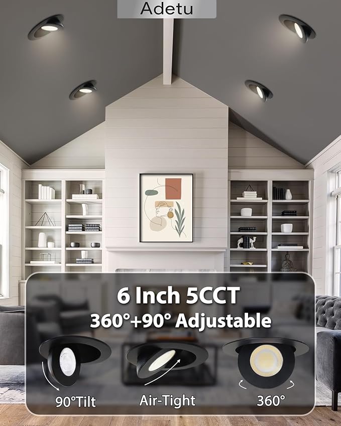 Adetu Led Recessed Lighting 6 inch, 360°+90° Adjustable Directional Gimbal 6 inch Led Recessed Light, 2700K-5000K 5CCT Dimmable Retrofit Eyeball Can Recessed Lights with Jbox, ET (Black,6 Pack)