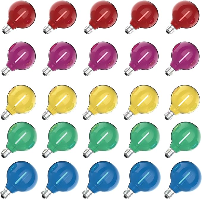Meconard 25 Pack G40 Colored LED String Light Bulbs, E12/C7 Candelabra Base Shatterproof LED 1 Watt Globe Replacement Bulbs, Multi-Color: Red/Green/Blue/Orange/Purple
