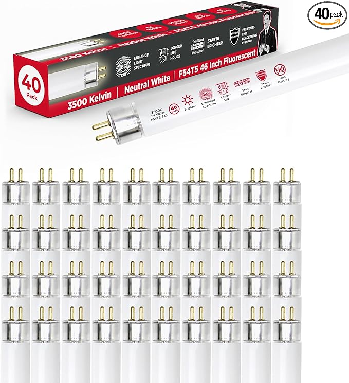 GoodBulb F54T5/835/ECO 54W 46 Inch T5 Fluorescent Light Bulb 3500K Soft White Color Medium Bi-Pin Base 4950 Lumens 85 CRI 36000 Life Hours Instant/Programmed Start Pack of 40 Bulbs