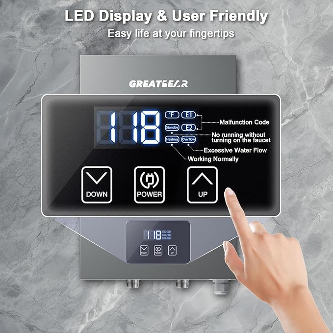 Electric Tankless Water Heater, GREATBEAR 14KW On Demand Water Heater Electric 240V, Point of Use Instant Hot Water Heaters, With Self Modulating ECO130G Gray