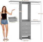 4FT Small Closet System with 3 Fabric Drawers, 48'' Closet Organizer System With 3 Adjustable Shelves, Flexible Built-In Clothes Garment Rack for Small Space, 48" L x 13" W x 71" H, Grey