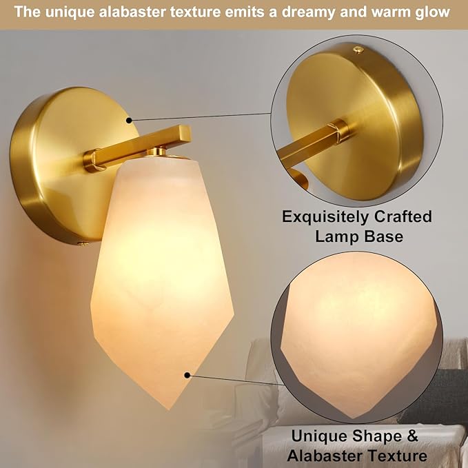 Alabaster Wall Sconces, Spanish Marble Wall Lamp, Modern Wall Sconce for Living Room, Hardwired Wall Lighting for Bedroom, Wall Light for Bathroom Hallway Stairs, Gold