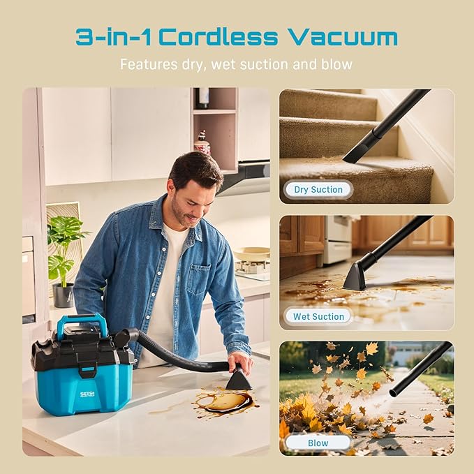 Seesii Cordless Shop Vac Wet and Dry, 2.6 Gallon Small Shop Vac with 2 x 4.0Ah Batteries, 3-in-1 Wet Dry Vacuum with HEPA Filter, Strap, Accessories Storage Bag, Ideal for Garage, Car, Workshop, House