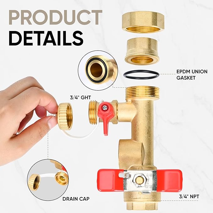 Upgrade 3/4 Inch IPS Isolator Tankless Water Heater Service Valve Kit, Isolation Valve with Pressure Relief Valve, Lead-Free Brass, Compatible with Rheem/Rinnai/EcoSmart/Navien/Noritz/Takagi/Bosch
