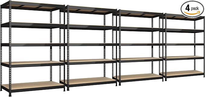 4 Packs 48" W x 24" D x 72" H Adjustable Garage Storage Shelves - 5-Shelf Heavy Duty Shelving Unit, Metal Utility Storage Organizer Racks for Warehouse Pantry Closet Kitchen, Black