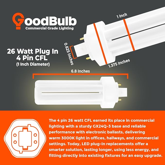 GoodBulb 26 Watt CFL Light Bulbs 4 Pin GX24Q-3 Base 3000K Warm White 26W High Output 1800 Lumens Triple Tube Compact Fluorescent Light Bulbs Plug-in 10 Pack
