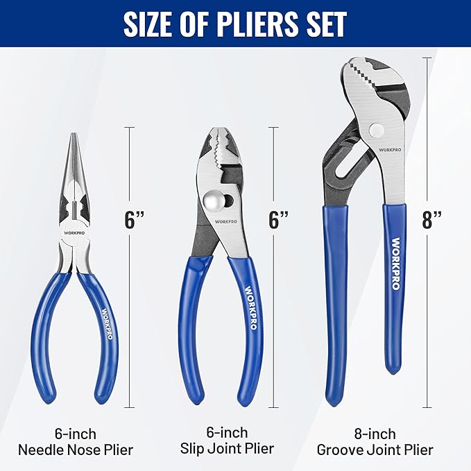 WORKPRO 3-Piece Pliers Tool Set with Soft Handle, 6 Inch Needle Nose, Slip Joint, 8 Inch Groove Joint Plier for DIY & Home Use