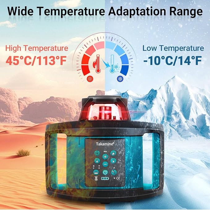 Takamine Rotary Laser Level Kit, Red Beam 635nm Wavelength, 800M Measuring Range, Horizontal/Vertical Self-Leveling, 5 Scan Angle and Rotation Speed Adjustment, Includes Remote Control, Receiver.