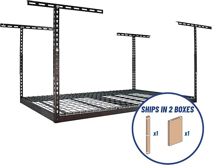 MonsterRax Overhead Garage Storage Racks 4x6, Ceiling Mounted Shelving, Adjustable Hanging Storage Organizer, Heavy Duty Steel, Holds 500 Pounds, Color: Hammertone, Adjusts 12"-21” off Ceiling