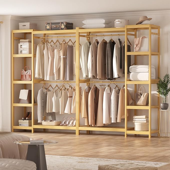Homykic Bamboo Clothes Rack Garment Rack for Hanging Clothes, Heavy Duty Clothing Rack with 7 Tiers Adjustable Shelves, Double Rods, 4 Hooks, Freestanding Closet System Organizer Wardrobe, Natural
