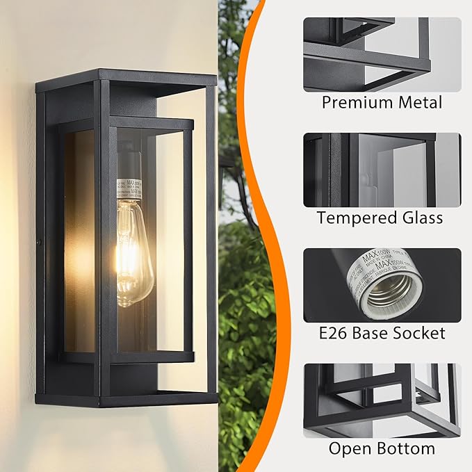 14" Outdoor Wall Lights Fixtures, Black Exterior Lighting Fixtures, Waterproof Outdoor Wall Lantern Modern Front Porch Lights with Clear Glass Coach Lights for Garage, Porch, Front Door 2-Pack