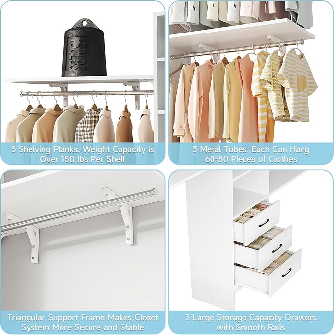 8FT Closet System, 96'' Closet Organizer System with 3 Hanging Rods, Wall Mount Bedroom Wardrobe with 3 Drawers Walk-in Closet, Adjustable Cloth Garment Rack from 5 to 8FT (Cut to Fit), White