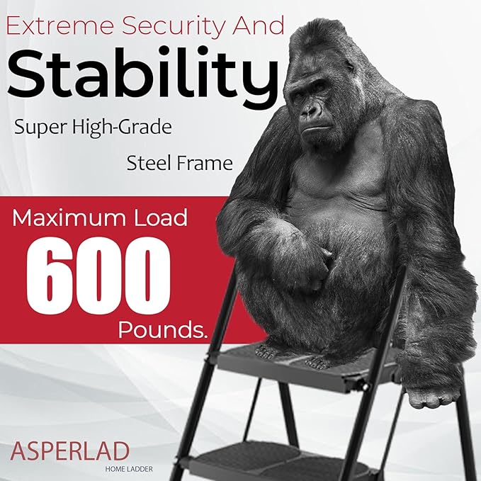 Extra Large & Wide 600lbs Step Ladder 2 Step Folding，Anti-Slip, Heavy Duty， Matte Black