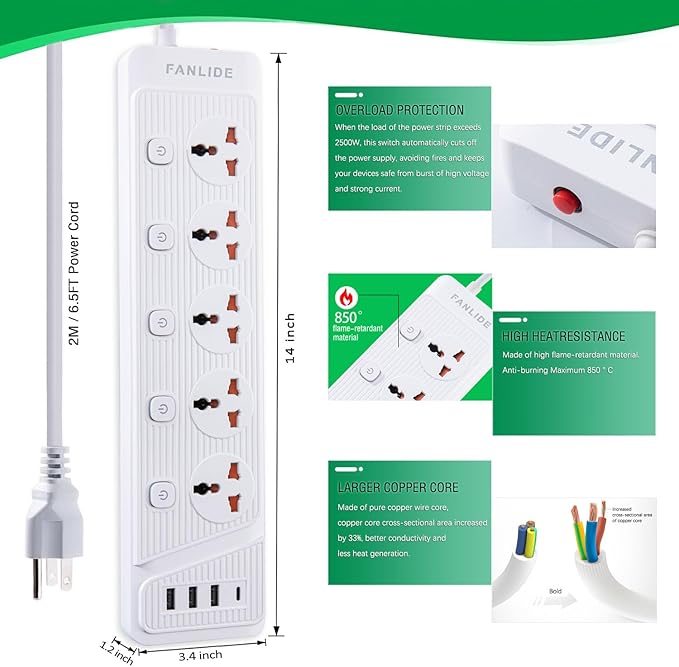 Universal Power Strip with USB C, 5 Outlets 3 USB and 1 USB C Ports, 6.5ft Power Cord Circuit Breaker
