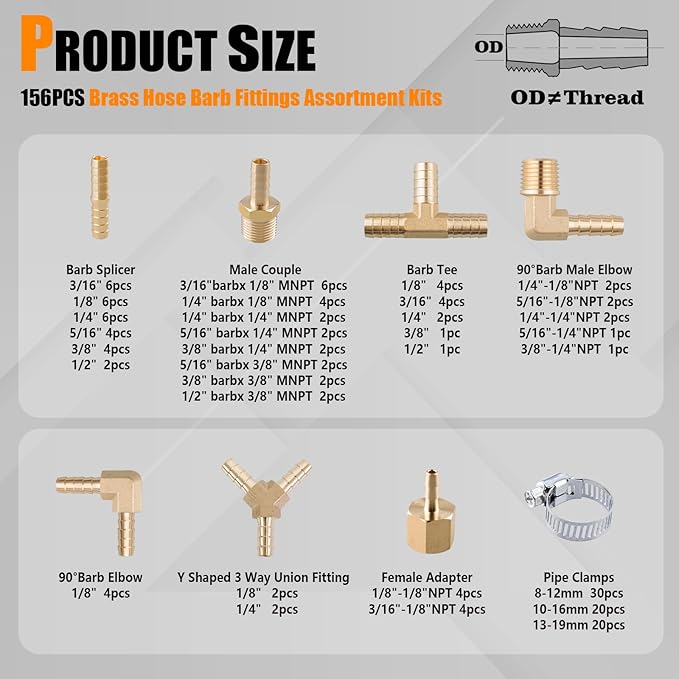 156Pcs Hose Barb Fuel Line Fittings Assortment Kit Barb Splice/Coupler/Female Adapter/Tee/Y Shaped Union/90°Male Elbow Thread 1/8" 3/16" 1/4" 5/16" 3/8" 1/2" Air Hose Fitting with Pipe Clamps for Fuel