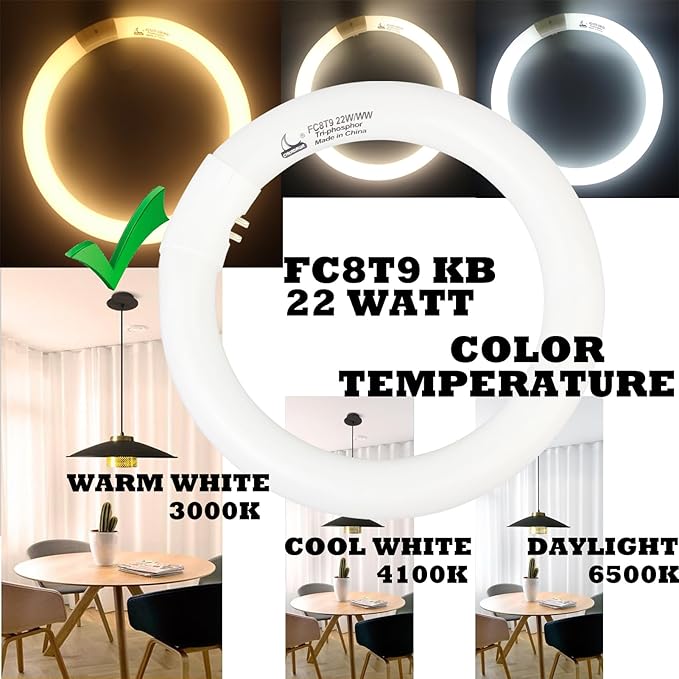 FC8T9/KB 22W Round Light Bulb, 8 Inch T9 22 Watt Circular Fluorescent Light Bulbs, Replacement Circline Fluorescent Lamp, Warm White 3000K 1400 Lumens, G10q 4 Pin Prong, 2 Pack