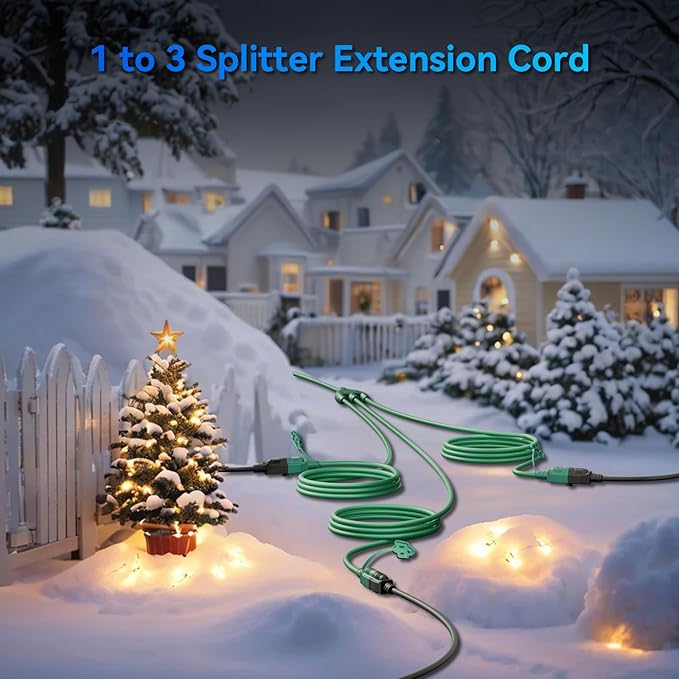 K KASONIC - 25 FT Halloween Lights Outdoor Extension Cord 1 to 3 Splitter, 3 Prong Outlets Plugs, 16AWG/3C SJTW Weatherproof Wire for Holiday Decoration Light, ETL Listed, Green
