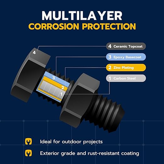 1/2 in. x 10 in. Black Carriage Bolt Kit Includes 12 Bolts, 12 Washers, and 12 Nuts, Ceramic Black Ruspert Coated for Exterior Use - 2X Rust Resistance of Galvanized by Makers Bolt
