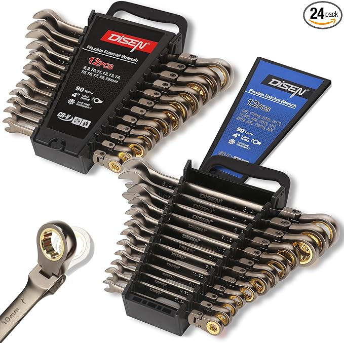 DISEN 24pcs 90-Teeth Ratchet Wrenches Set, Flex Head Ratcheting Wrench Set Metric 8MM-19MM and SAE Wrenches 1/4 Inch-3/4 Inch, Nickel Plating Cr-V Constructed with Organizer Rack