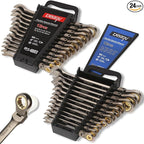 DISEN 24pcs 90-Teeth Ratchet Wrenches Set, Flex Head Ratcheting Wrench Set Metric 8MM-19MM and SAE Wrenches 1/4 Inch-3/4 Inch, Nickel Plating Cr-V Constructed with Organizer Rack