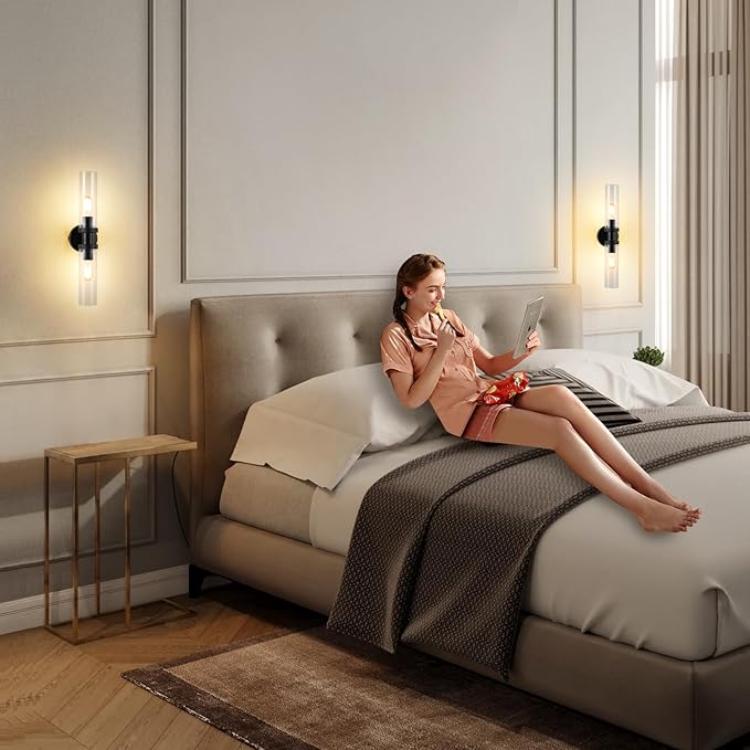 2 Light Vanity Light Side Mirror Farmhouse Bathroom Fixtures Black, E26 Wall Lamps for Bedroom, Industrial Lighting, Modern Lights With Glass Shade