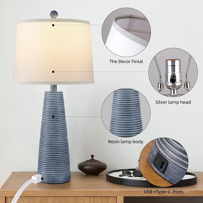 Terpsichore Nightstand Lamp Bedside Lamps Set of 2 Vintage Rustic Farmhouse Table Lamp 3 Way Dimmable Horizontal Stripe Light,Suitable for Living Room Bedroom,with Linen Shade LED Bulb,USB A+C Port