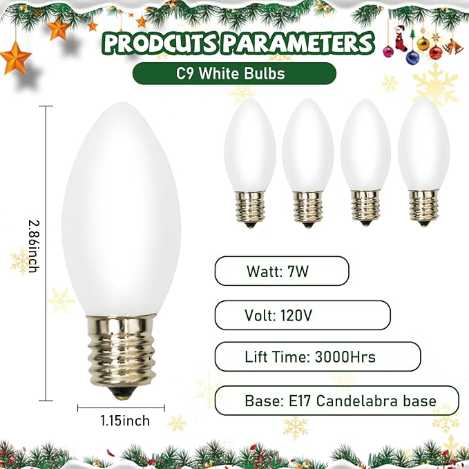 25 Pack White Christmas Light Bulbs,C9/E17 Base 7 Watt Glass Incandescent White Replacement Bulbs for Night Light,Christmas Candle Light Bulbs Great for Outdoor Indoor Holiday Christmas String Lights