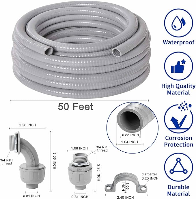 (3/4" Dia * 50 Feet) Yariwiz Flexible Electrical Conduit Liquid Tight PVC Conduit Kit with 5 PCS Coupling, 3 PCS Elbow and 10 PCS Strap, Sealtight Seal Flex Liquidtight Wire Outdoor Non Metallic Grey
