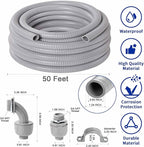 (3/4" Dia * 50 Feet) Yariwiz Flexible Electrical Conduit Liquid Tight PVC Conduit Kit with 5 PCS Coupling, 3 PCS Elbow and 10 PCS Strap, Sealtight Seal Flex Liquidtight Wire Outdoor Non Metallic Grey