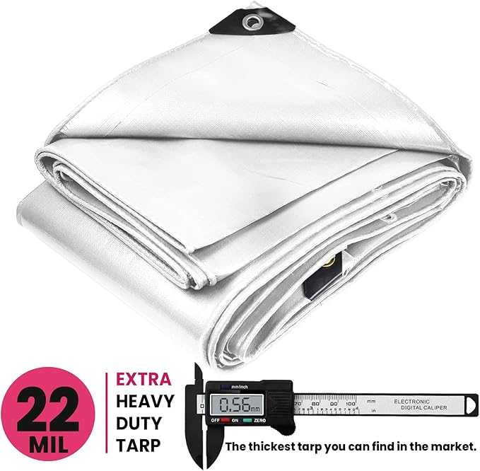 PROTARP Extreme Heavy Duty 22 Mil Tarp Cover, Waterproof, UV Resistant, Rip and Tear Proof, Poly Tarpaulin with Reinforced Edges for Roof, Camping, Patio, Pool, Boat. (White 25′ X 40′)