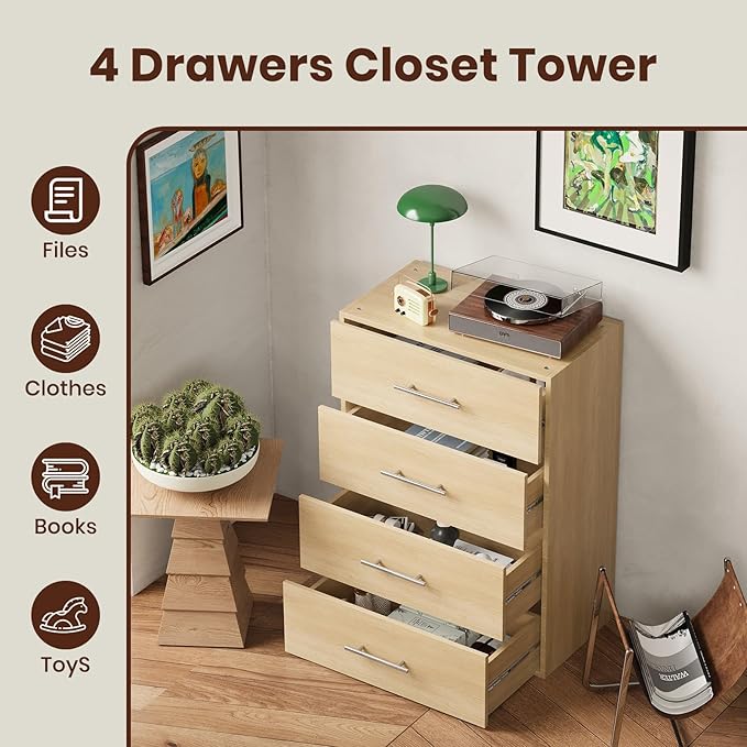 ROOMTEC 25.5" 4 Drawer Short Tower Closet Unit, Modular Closet System with Drawers and Shelf, Wardrobe Organizer for Bedroom or Walk-in Closet, Wall Mounted, Customizable Clothes Storage Unit, Wood