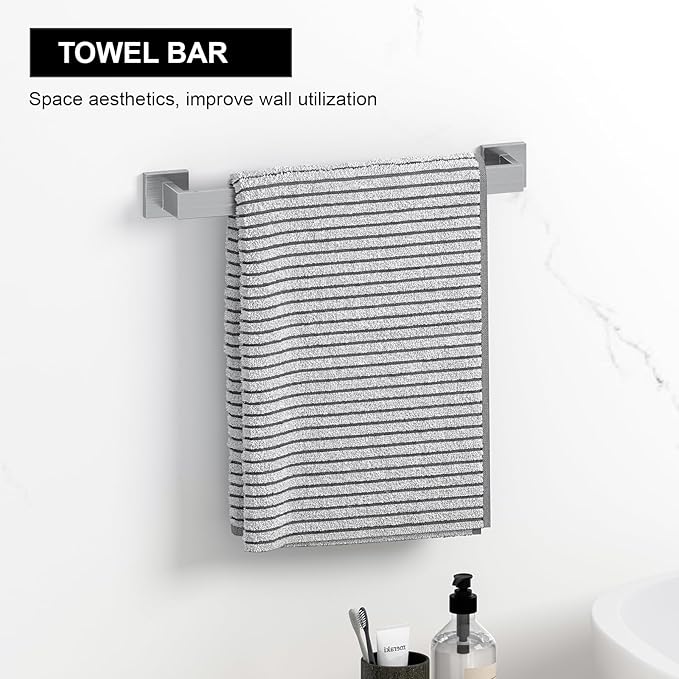 Bathroom Accessory Towel Bar Set: 5 Pieces Brushed Nickel Bathroom Hardware Square SUS304 Stainless Steel - Wall Mounted Towel Rack&Toilet Paper Holder&Towel Ring and Robe Hooks.