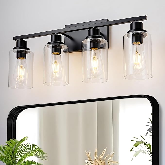4 Light Black Bathroom Vanity Light Fixture Over Mirror Modern Farmhouse Wall Lighting Sconces Industrial Wall Lamp for Bathroom Bedroom Living Room E26 Socket with Glass Shade