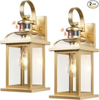 Gold Motion Sensor Outdoor Light Fixtures Dusk to Dawn 2-Pack, 16 Inch Aluminum Anti-Rust Large Brass Outdoor Sconces Wall Mounted Lamps Photocell Outside Lights for House Front Porch