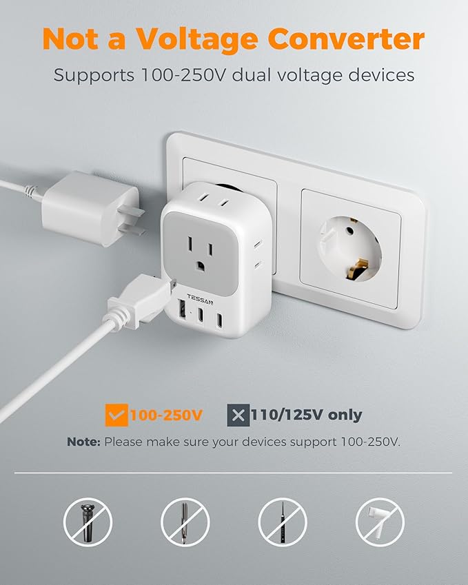 TESSAN European Travel Plug Adapter, Type C Power Adaptor with 4 AC Outlets 3 USB Ports (2 USB C), Europe Outlet Adapter for USA to EU Euro International Italy Iceland Spain France Greece Germany