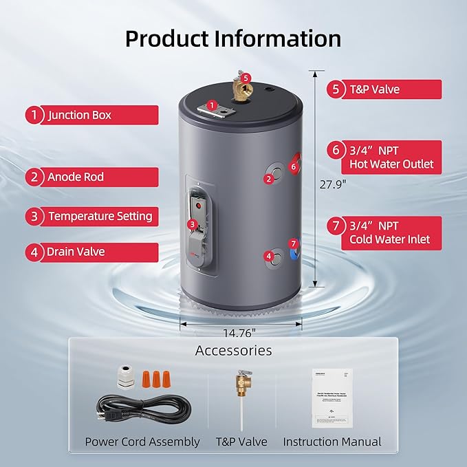 Tank Water Heater Electric, MIZUDO 10 Gallon Point of Use Hot Water heater 1500W, Compact Residential 120V with T&P Valve, Adjustable Thermostat, UL Listed