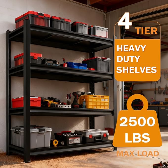 Metal Garage Storage Shelves Heavy Duty Shelving Unit 4 Tier Steel Adjustable Organizing Shelves 2500 LBS Capacity Industrial Shelving Ideal for Garage Tote Pantry Basement Outdoor, 44”Hx24”Wx12”D