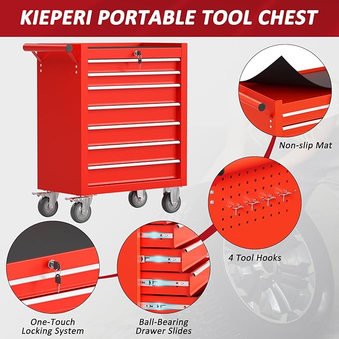 7 Drawers Rolling Tool Chest with Wheels, Portable Rolling Tool Boxes with Wheels, Tool Box Storage Cabinet with Locking System for Garage (RED, 7 Drawers)