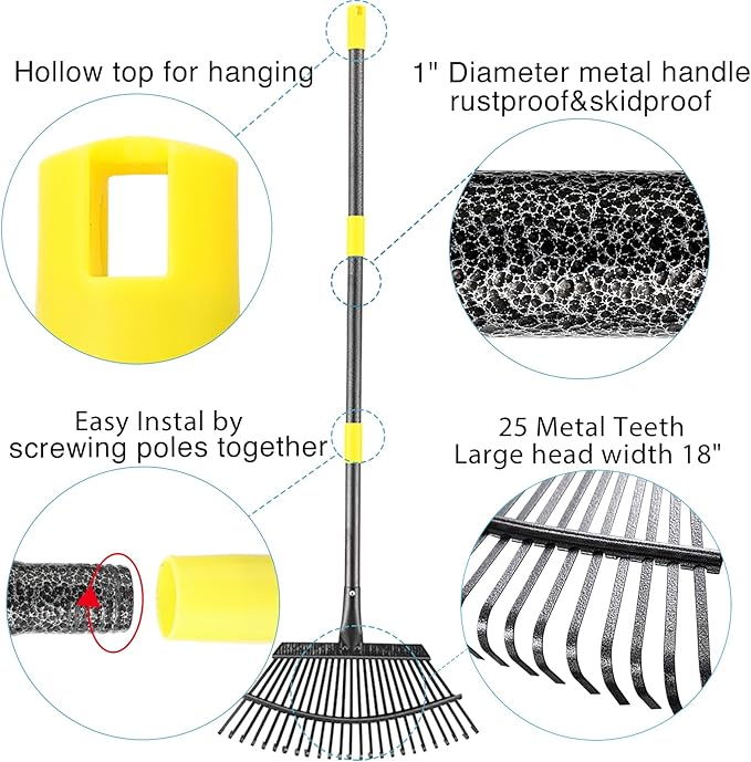 Collapsible Rake for Leaves, 30-66 inch Metal Leaf Rakes for Lawns Heavy Duty Extended Handle, 25 Tines 18" Wide Rake Garden Tools for Camping, Yard, Landscape, Pine Needle and Grass