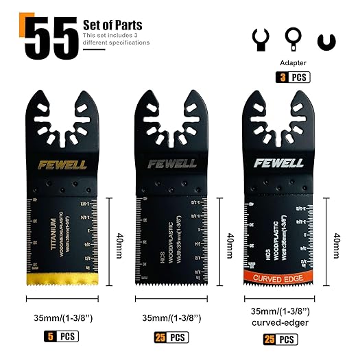 FEWELL 55PCS Oscillating Saw Blades, Universal Titanium Multitool Blades for Hard Materials, Metal, Wood, Plastic, Nails,Curved Edge Oscillating Saw Blades, Fits Most Tools