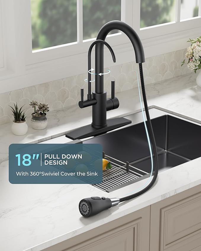 FORIOUS Black Kitchen Faucets with Water Filter, 2 in 1 Stainless Steel Pull Down Sink Faucet and Purfied Water Faucet High Arc Single Handle with Detachable Deck for 1 or 3 Hole