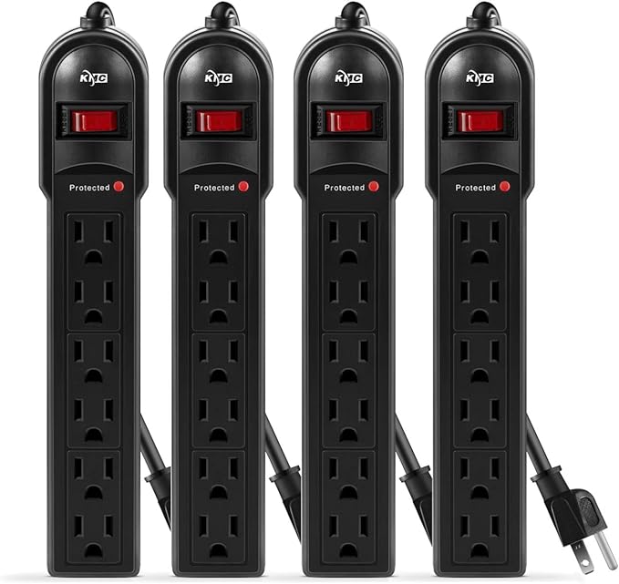 KMC 6-Outlet Surge Protector Power Strip 4-Pack, Overload Protection, 2-Foot Cord, 600 Joule