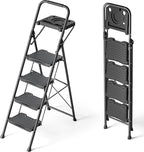 KINGRACK 4 Step Ladder with Tool Platform, Sturdy Step Stool, Anti-Slip Wide Pedals, Handrail, Foldable Step Ladder, Pass 900LBS Testing, Multi-Use for Home, Garage, Garden, Painting, Black