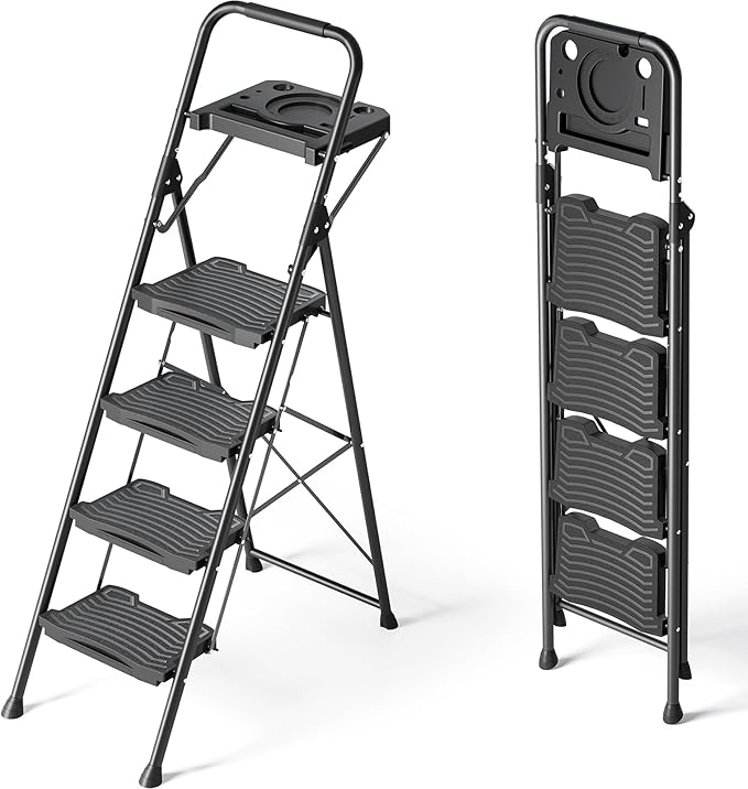 KINGRACK 4 Step Ladder with Tool Platform, Sturdy Step Stool, Anti-Slip Wide Pedals, Handrail, Foldable Step Ladder, Pass 900LBS Testing, Multi-Use for Home, Garage, Garden, Painting, Black