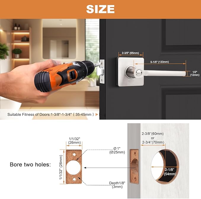 Probrico Privacy Door Handle Interior Heavy Duty Square Brushed Nickel Door Knobs for Bedroom Bathroom Reversible Keyless Door Lever Satin Nickel, 5 Pack