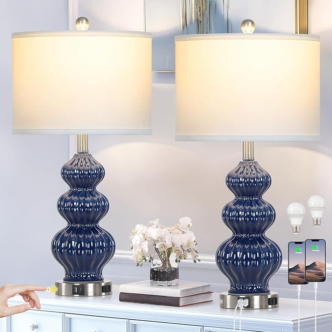 Triple Gourd Ceramic Table Lamps Set of 2, Modern Blue Bedside Lamps with USB A+C Ports & AC Outlet, 3 Way Touch Control Contemporary Nightstand Lamps for Bedroom Living Room