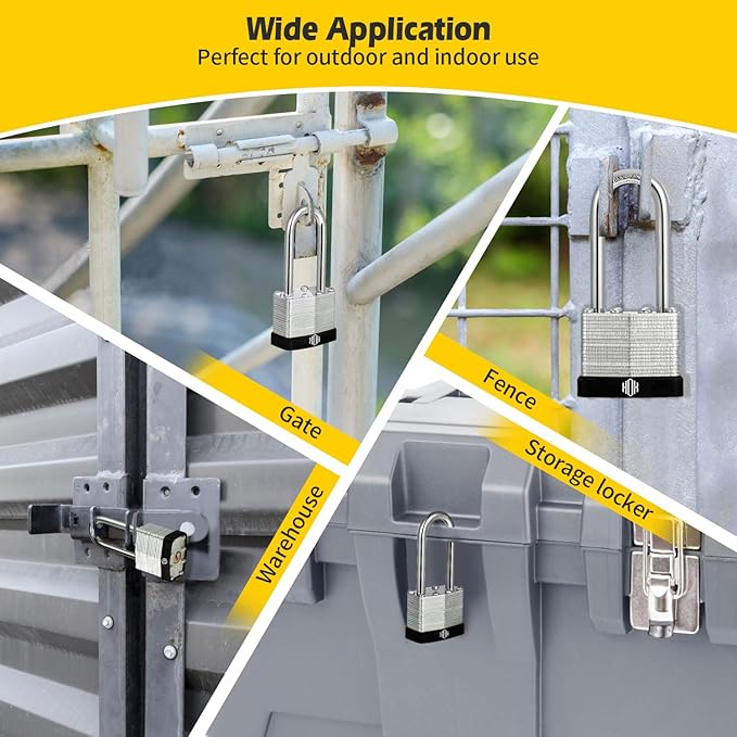 HOX Keyed-Alike Padlocks w/ 2” Long Hardened Shackle, 1-9/16” Wide Body, 12-Pack Shackle Padlock for Hasp Latch, Shed, Fence, Storage Locker, Black